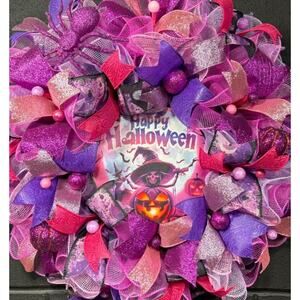 Halloween Witch Wreath Pink & Purple Handmade Deco Mesh 24 Inch